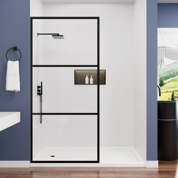 Niveal Framed Shower Glass Panel,34" W x 72" H Shower Screen Tempered Glass in Matte Black