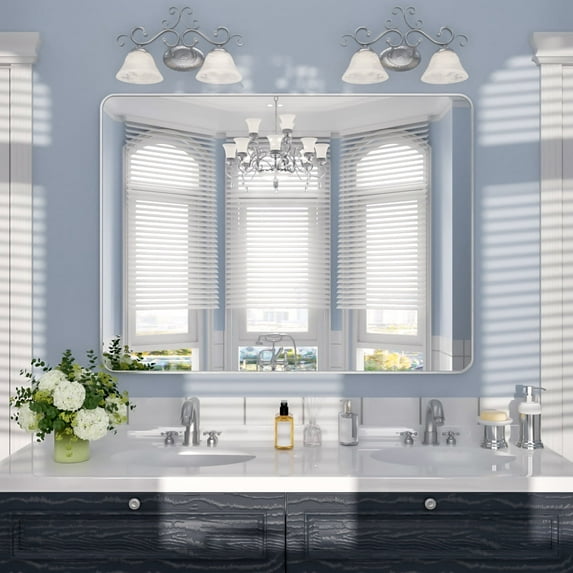 Niveal Wall Mirror for Bathroom,48" x 36" Gun Grey Bathroom Mirror,Anodized Aluminum Frame with Rounded Corner, Rectangle Wall Mounted Mirror Decorative for Bathroom