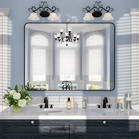 Niveal Wall Mirror for Bathroom,48" x 36" Matte Black Bathroom Mirror,Anodized Aluminum Frame with Rounded Corner, Rectangle Wall Mounted Mirror Decorative for Bathroom
