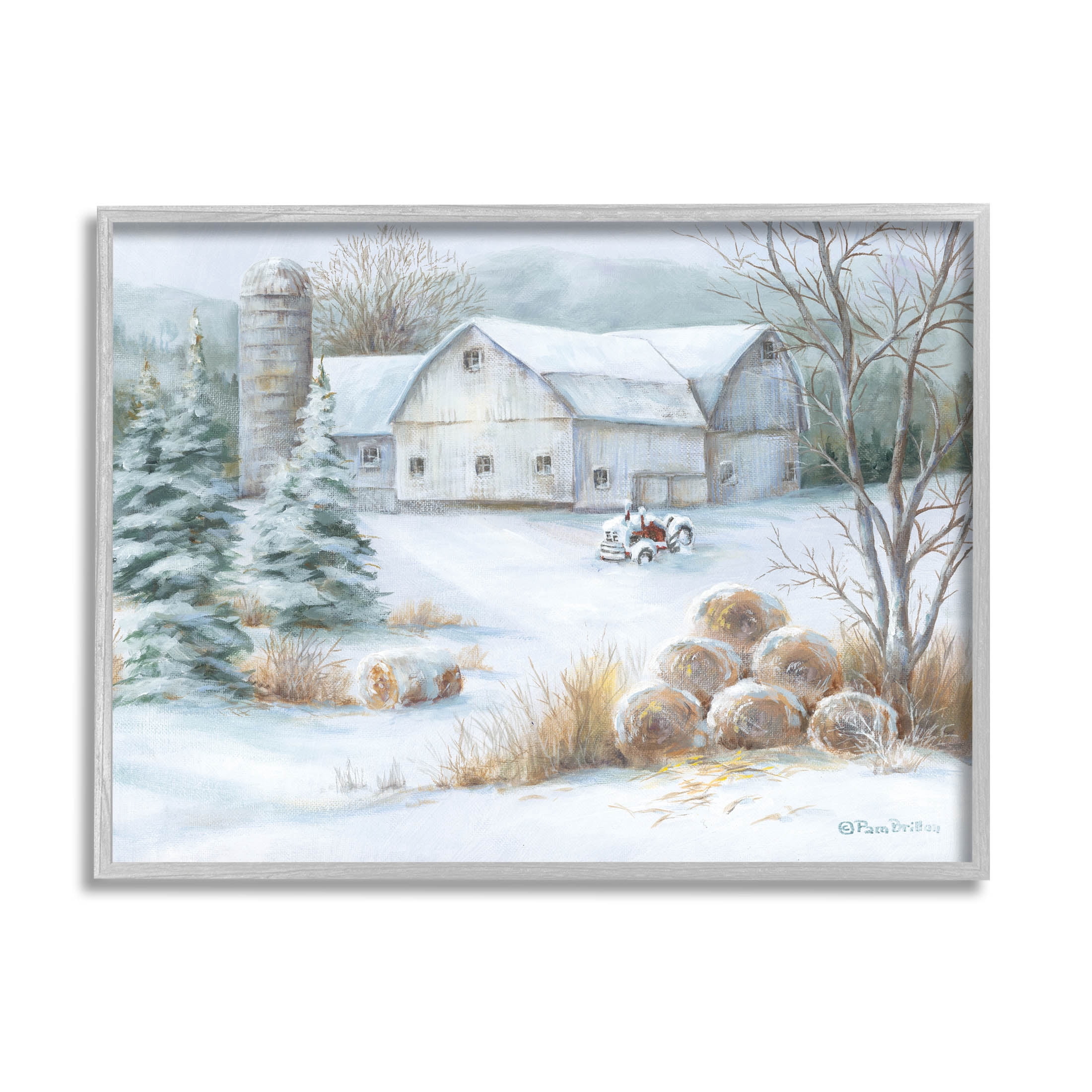 Niveous Country Barn Snow Scene Landscape Painting Gray Framed Art Print Wall Art