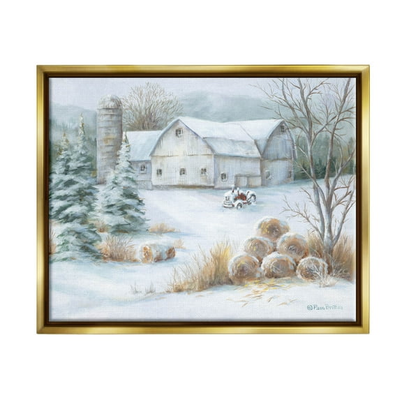 Niveous Country Barn Snow Scene Landscape Painting Metallic Gold Framed Art Print Wall Art
