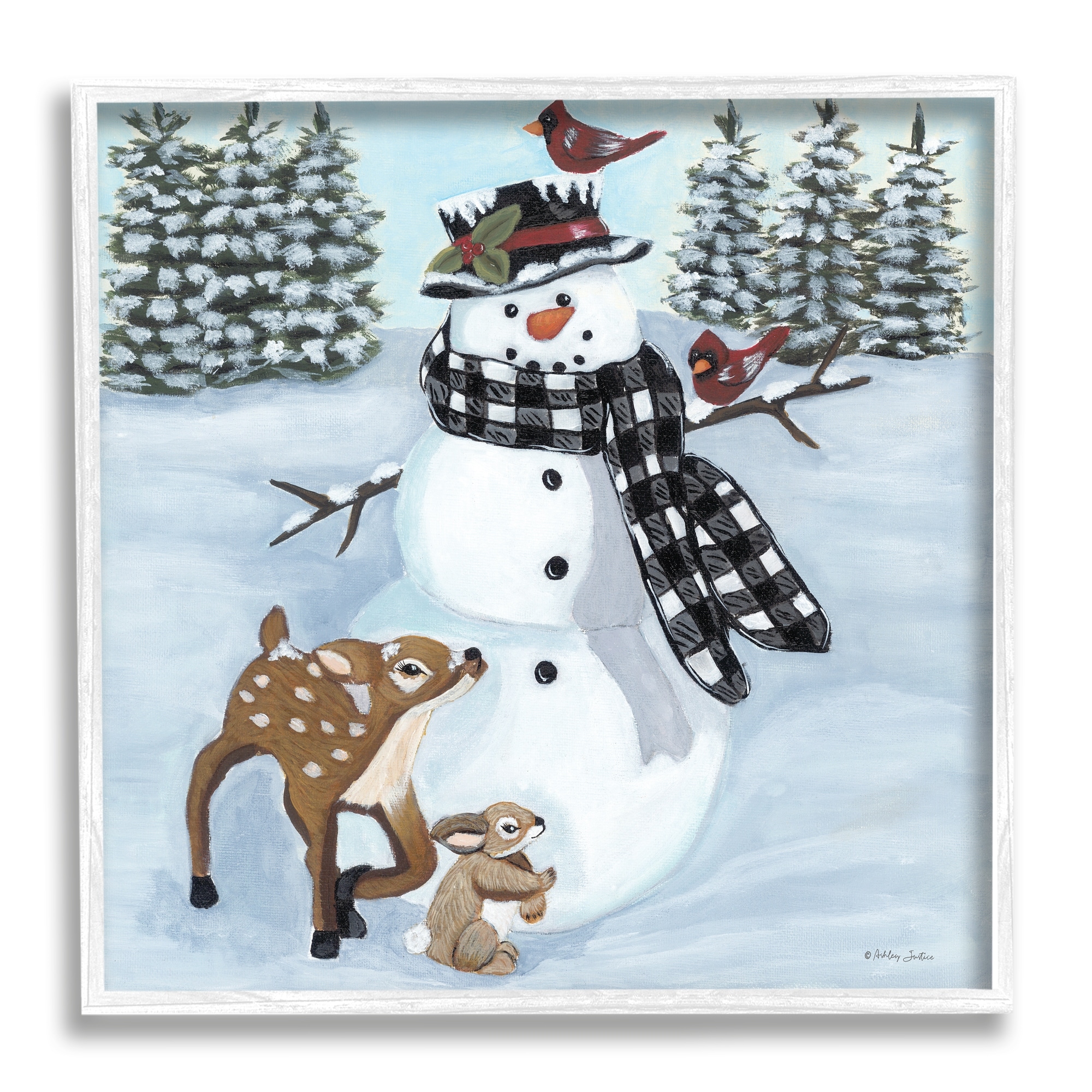 Niveous Snowman Trees Scenery Winter Animals Frolicking Animals & Insects Painting Framed Art Print Wall Art