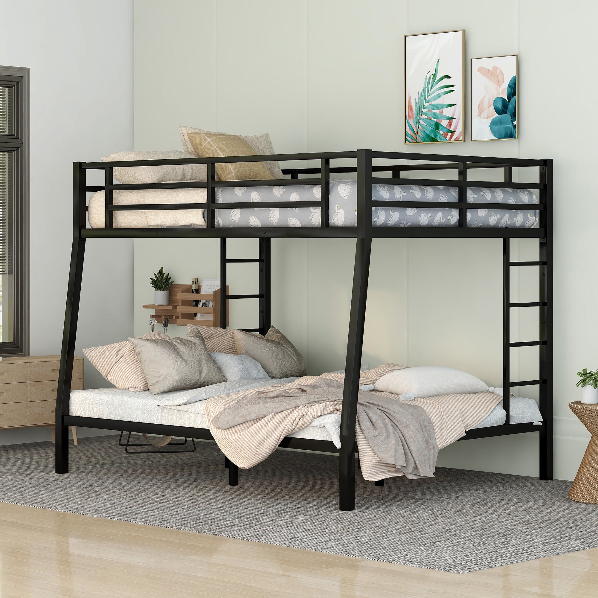 Niviv Bunk Bed Full XL over Queen, Metal Bunk Bed with Ladder and Guardrails, Toddler Bunk Beds