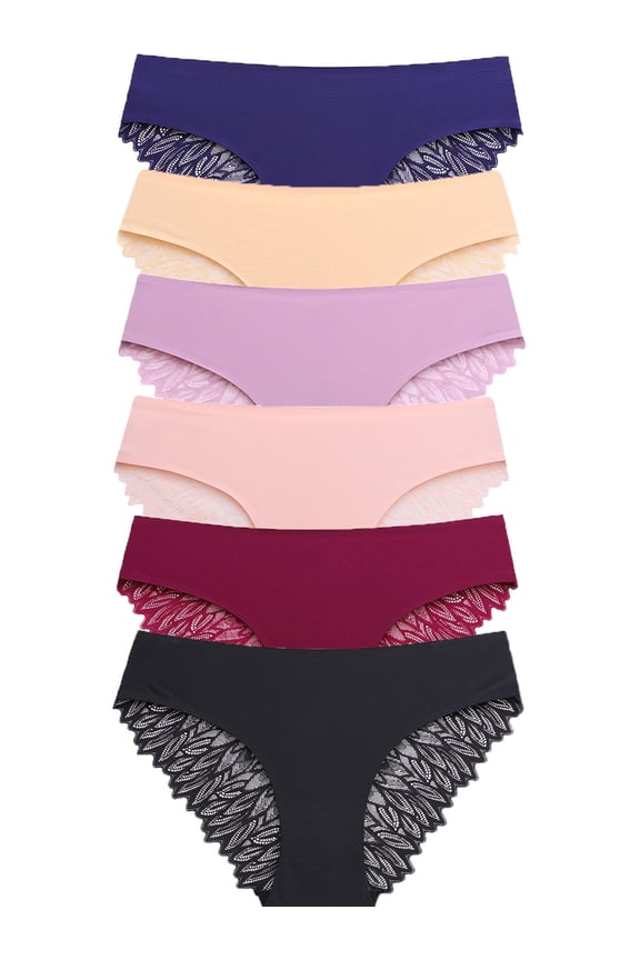 6 Pack Underwear for Women Silky Seamless No Show Panties Ladies Lace Bikini Lightweight Cheeky Hipster XL