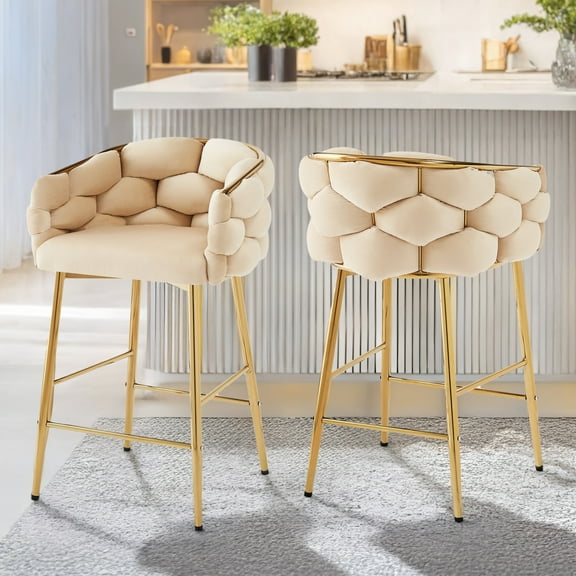 Nivora 28" Seat Height Modern Upholstered Flannelette Counter Stools, Metal Frame, Beige + Gold, Set of 2