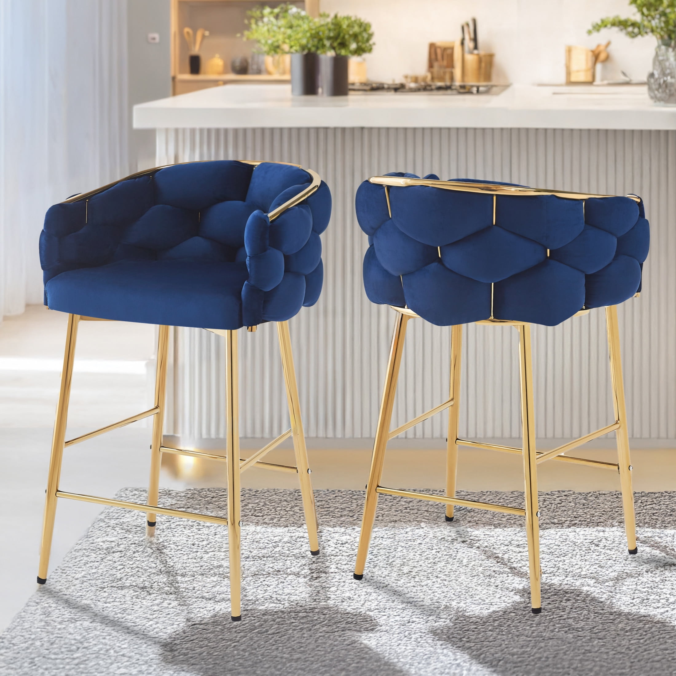 Nivora 28" Seat Height Modern Upholstered Flannelette Counter Stools, Metal Frame, Dark Blue + Gold, Set of 2