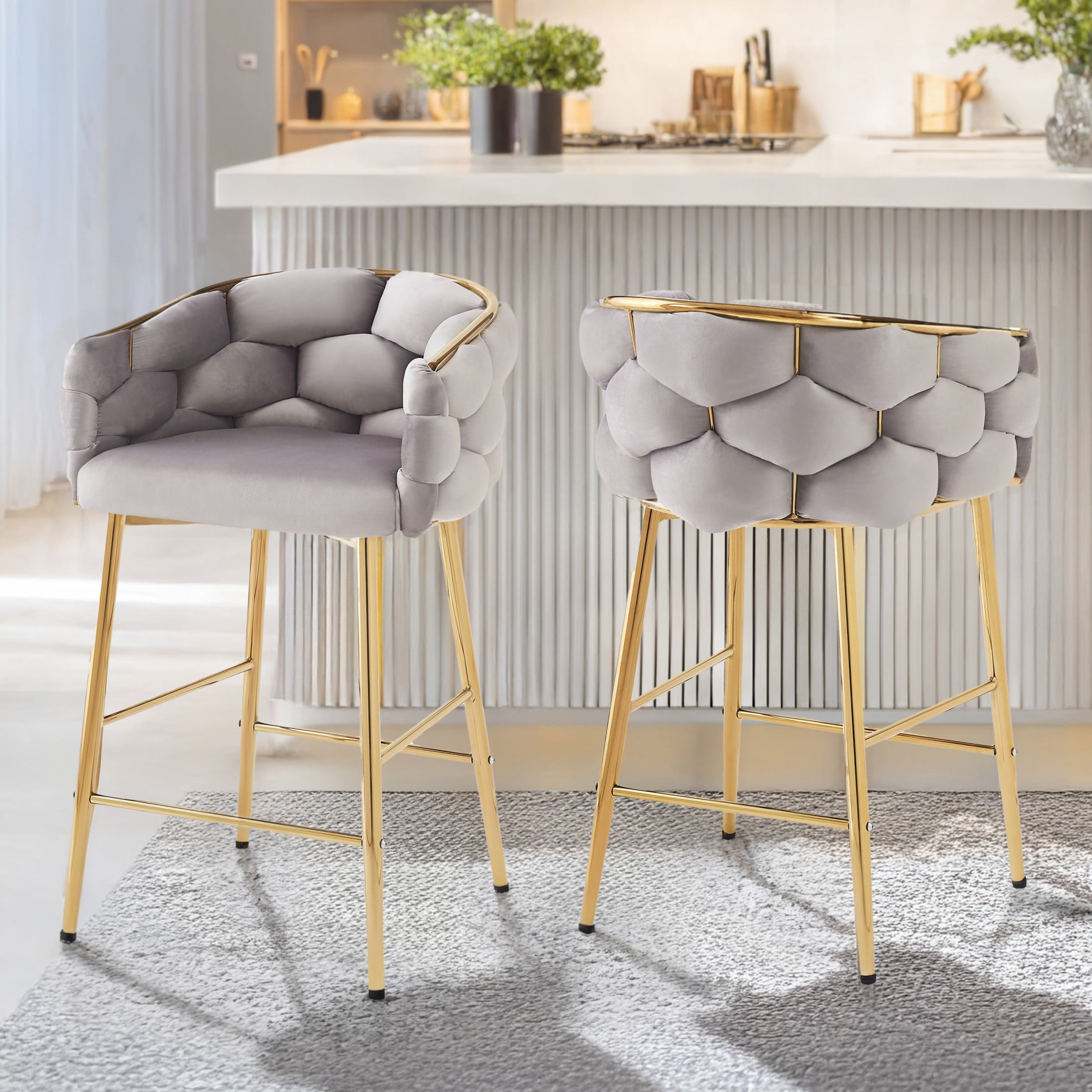 Nivora 28" Seat Height Modern Upholstered Flannelette Counter Stools, Metal Frame, Grey + Gold, Set of 2