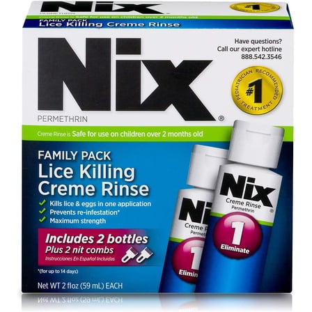 Nix Lice Killing Cream Rinse Lice Treatment Kit with 2 Bottles and 2 Nit Combs, 4 Piece