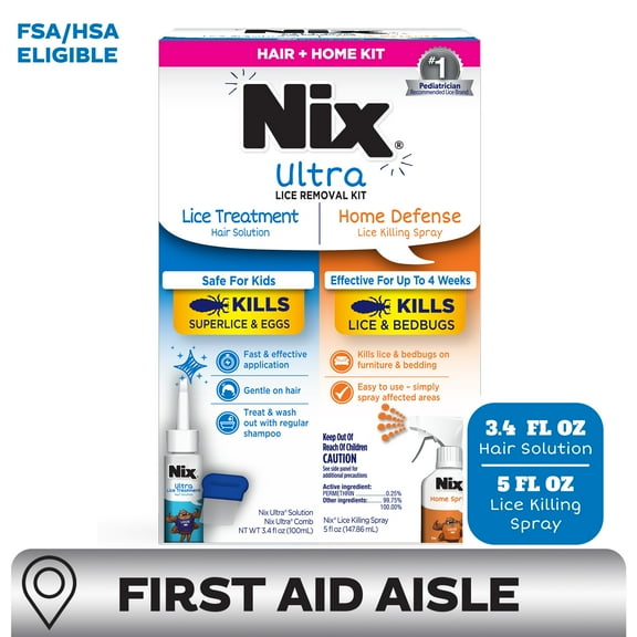 Nix Ultra Lice Removal Kit, 3.4oz Lice Treatment Hair Solution & Comb + 5oz Home Bedbug Spray, 1 Kit