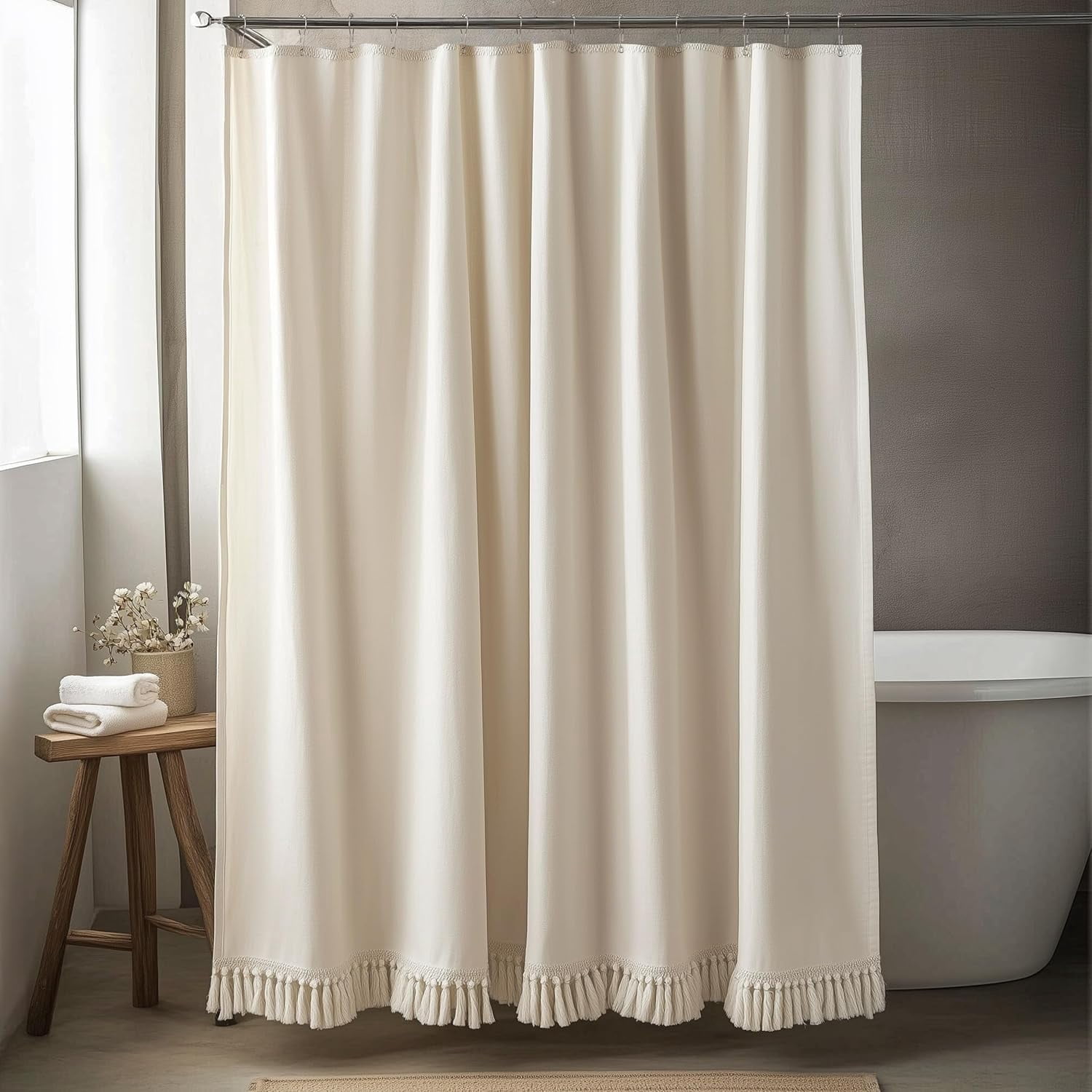 NixiYa Beige Shower Curtain with tassel Linen Farmhouse Heavy Duty Fabric Shower Curtain for Bathroom,72"x72"
