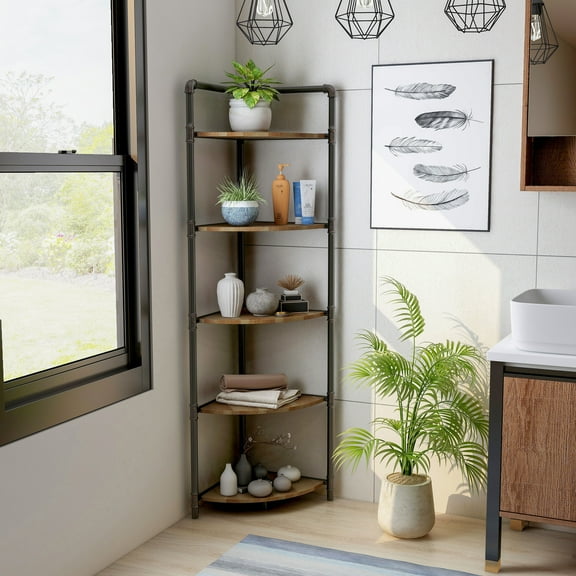 Nixie 5-Shelf Wood Corner Bookcase, Sand Black and Light Pure Copper