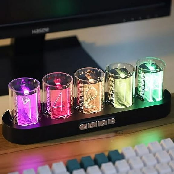 Nixie Clock RGB Glow-Tube Clock Digital Creative Clock, no Assembly Required, 12/24 Hours Switching, Multiple Lighting Modes Electronic Sports Computer Decoration with Creative Gif