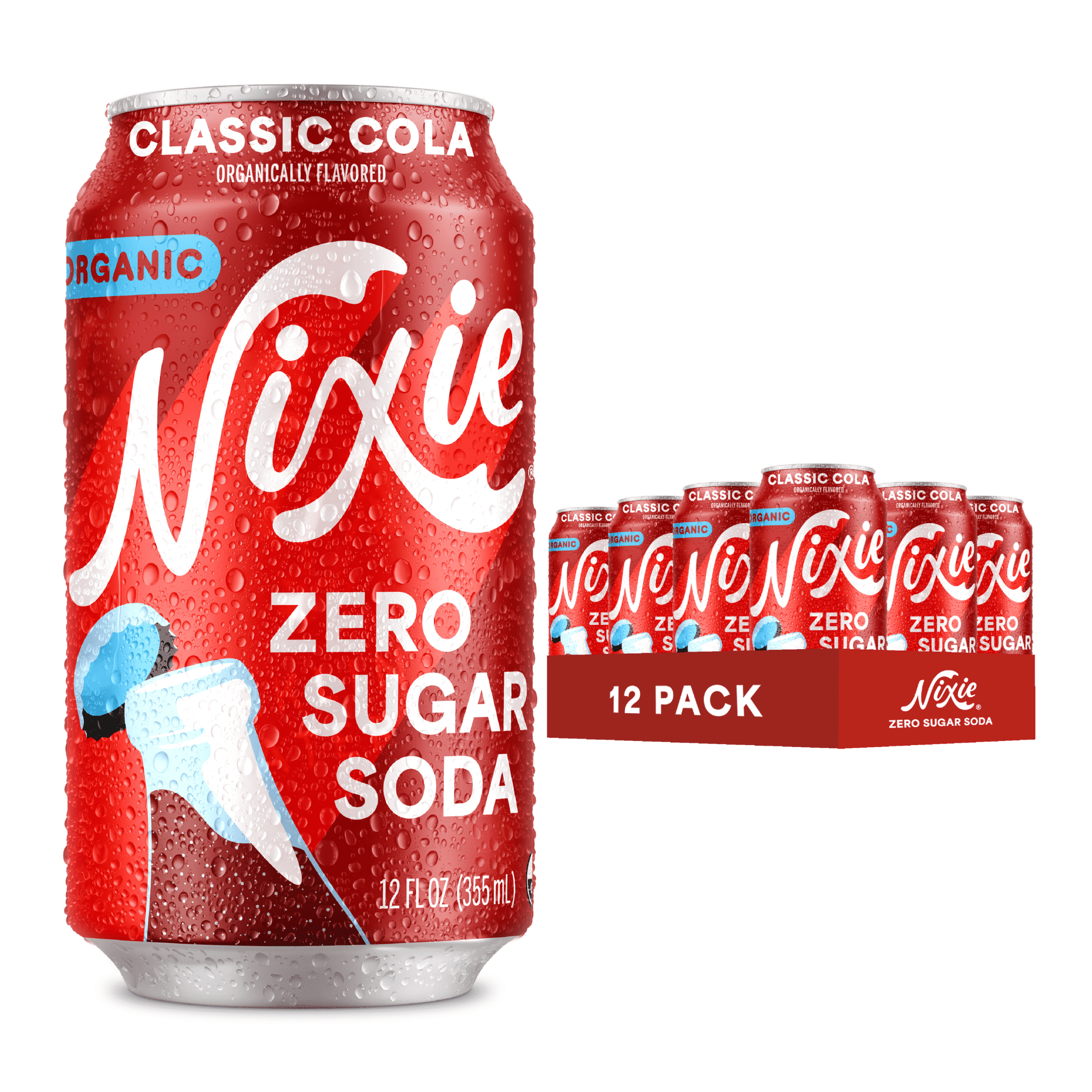 Nixie Organic Zero Sugar Soda, Classic Cola, Healthy Soda Pop, Non-GMO, 0 Sugar, 0 Calories, 40mg Caffeine, 12oz Cans (12 Pack)