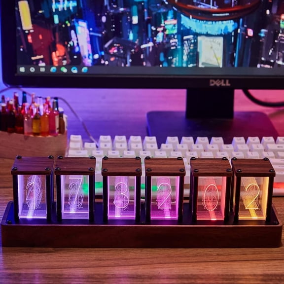 Nixie Tube Clock Retro Wooden LED Desk Alarm with Full Color RGB Display