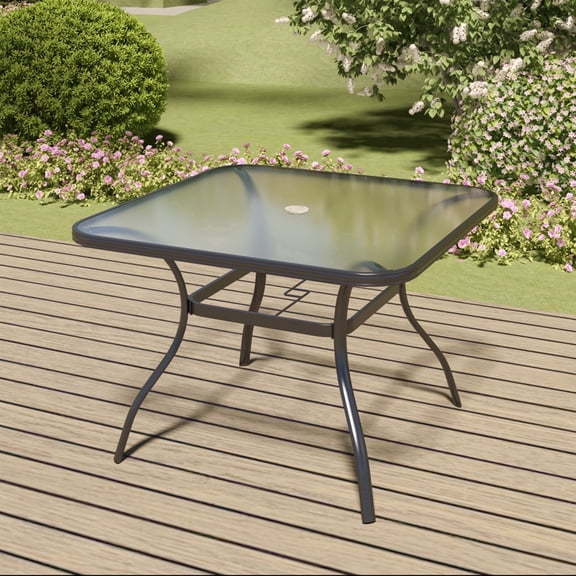 Outdoor Dining Table with Tempered Glass & 1.7" Umbrella Hole, 4 Person Patio Table for Garden Backyard Poolside