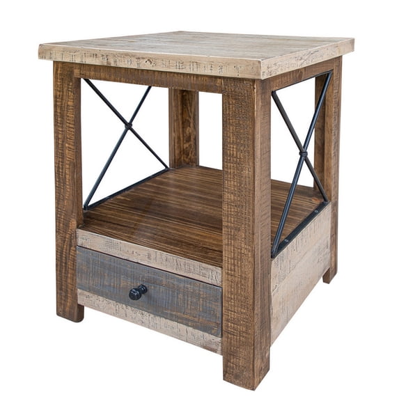 Niya 26 Inch Side End Table, Solid Pine Wood, Single Drawer, Brown Finish