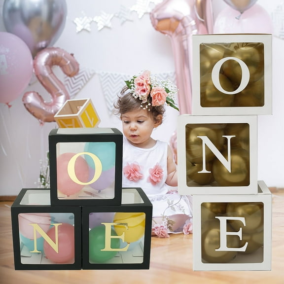 Niyofa 3Pcs 1st Birthday Decorations White Transparent Balloon Box O N E Balloon Box Lightweight Cube Party Balloon Case Paper Balloons Container for First Birthday Baby Shower Backdrop
