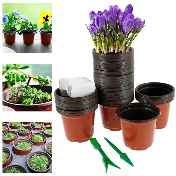 Niyofa 50/100Pcs Plastic Seedlings Plants Nursery Pots with 50/100Pcs Waterproof Plastic Plant Tags and 2Pcs/Set Transplanting Digging Mini Tools