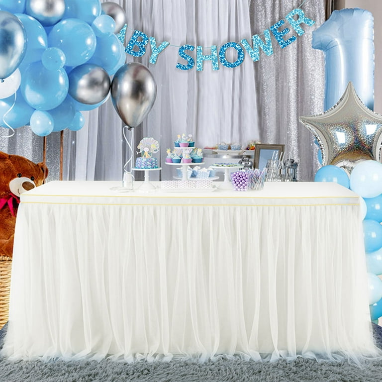 Niyofa 6/9 Ft Gold Brim Tutu Table Skirt Tulle Tablecloth for