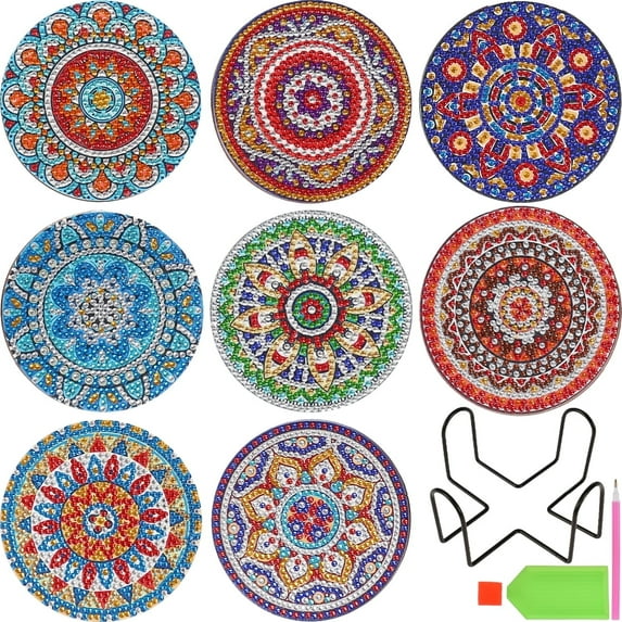 Niyofa 8Pcs DIY Diamond Coasters Kit with Holder 4 Inch Rhinestone Painting Coasters Reusable Diamond Drawing Cup Mat Colorful Crystal Art Painting Cup Pad Crafts for Kid Adult Beginner