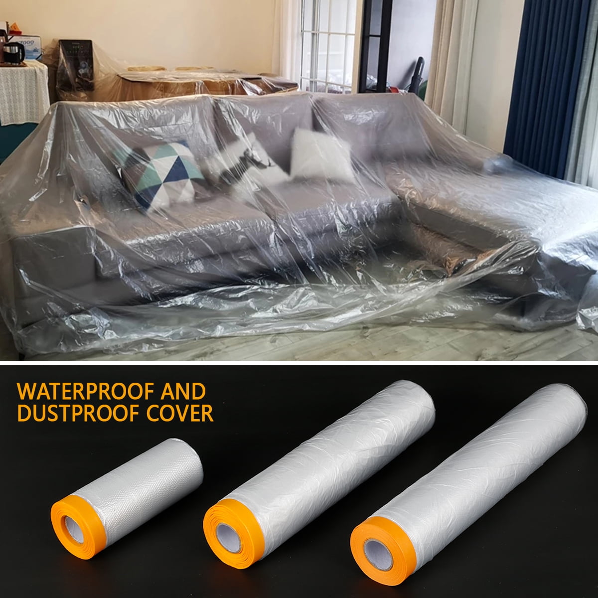 Self-Adhesive Masking Film 2 Pack - Pre-Taped Protective Paper For Painting, Covers Furniture, Floors, Cars (21"x50' Each)