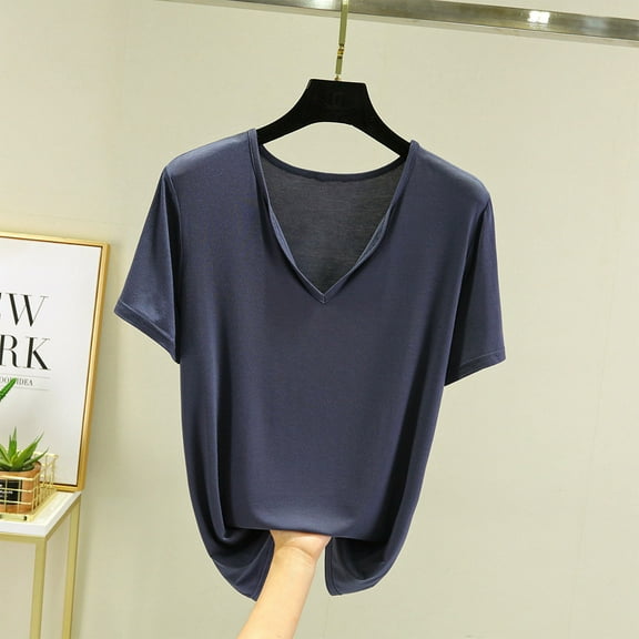 Njagoc3 100K+ Sold Womens V-Neck Solid Short Sleeve T-Shirt Summer Loose Casual Basic Slim Fit