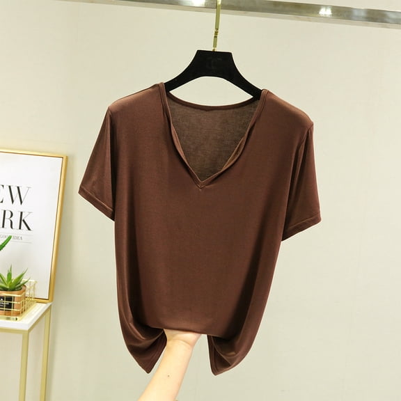 Njagoc3 100K+ Sold Womens V-Neck Solid Short Sleeve T-Shirt Summer Loose Casual Basic Slim Fit