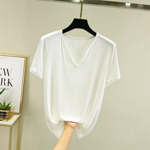 Njagoc3 100K  Sold Womens V-Neck Solid Short Sleeve T-Shirt Summer Loose Casual Basic Slim Fit