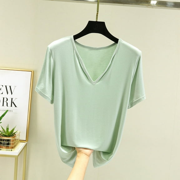 Njagoc3 100K  Sold Womens V-Neck Solid Short Sleeve T-Shirt Summer Loose Casual Basic Slim Fit