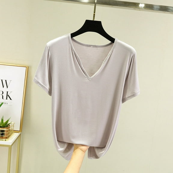 Njagoc3 100K  Sold Womens V-Neck Solid Short Sleeve T-Shirt Summer Loose Casual Basic Slim Fit