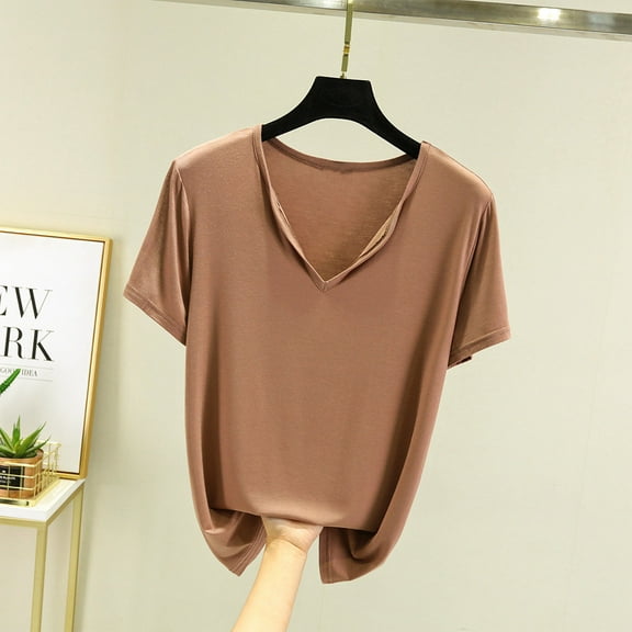 Njagoc3 100K  Sold Womens V-Neck Solid Short Sleeve T-Shirt Summer Loose Casual Basic Slim Fit