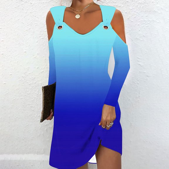 Njagoc3 2025 Casual Colored Striped Gradient Blend Printed Long Sleeved Suspender With Off Shoulder Design And Personalized Round V-Neck Dress For Womens