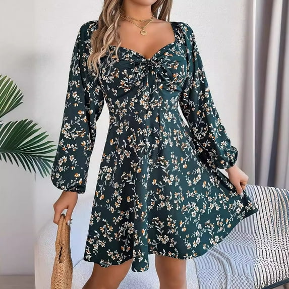 Njagoc3 Long Sleeved Bow Tie Tied Low Cut Square Neck Solid Color Floral Waist Cinching Pleated Elegant Short Dress