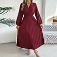 thumbnail image 1 of Njagoc3 2025 Long Sleeved V-Neck Solid Color Waist Cinched Pleated Elegant Temperament Casual Dress For Womens, 1 of 6