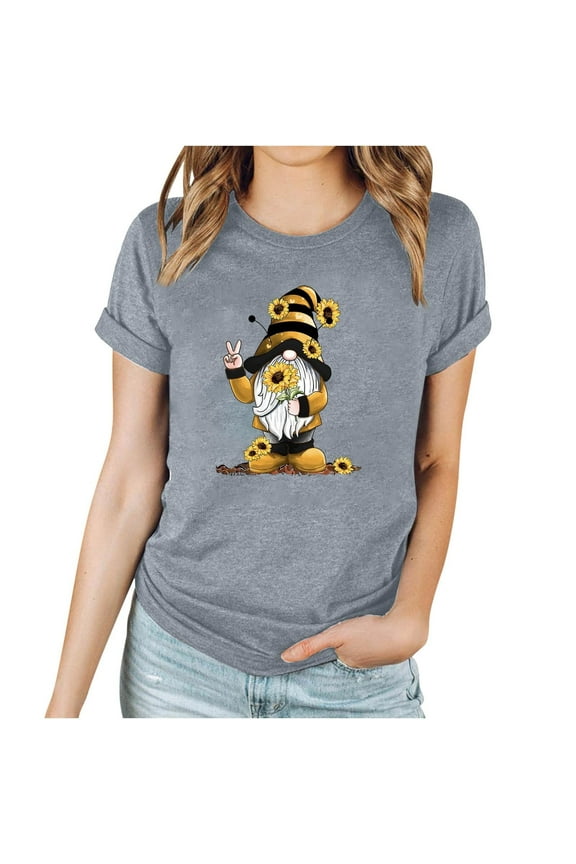 2025 Playful Bumblebee Cartoon Print Crewneck Short Sleeve Relaxed Casual Tee for Womens