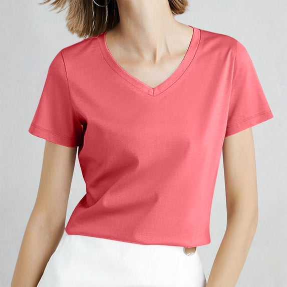 Njagoc3 2025 Solid Color Womens Regular Shoulder Short Sleeve V-Neck Casual Chic Top