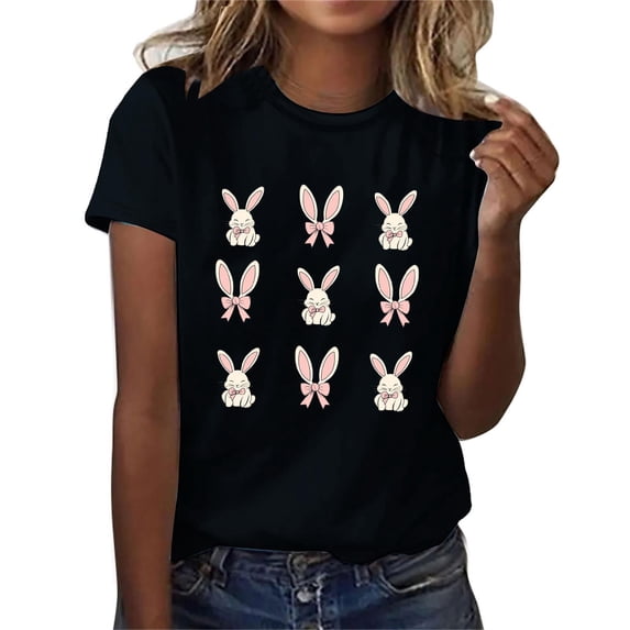 Njagoc3 2025 Spring Easter Limited Bunny Print T-Shirt Women Cotton Loose Slim Fit Versatile Top