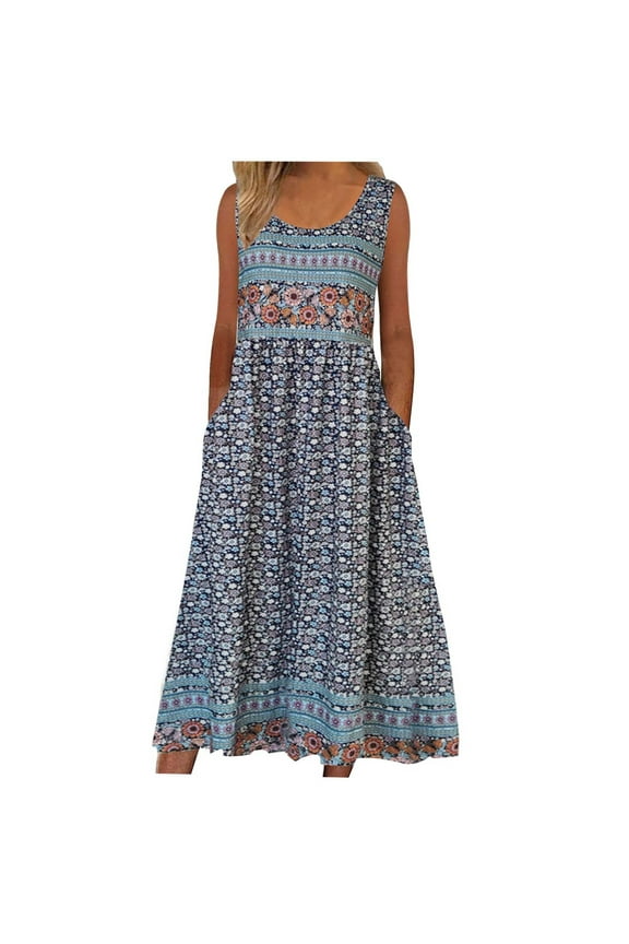 2025 Spring/Summer Printed Beach Bohemian Style Pocket Sleeveless Round Neck Long Cotton Hemp Home Sports Park Flower Waist A-Line Dress for Womens