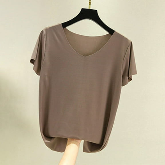 Njagoc3 2025 Summer New Womens V-Neck Short Sleeve T-Shirt Solid Slim Fit Casual Breathable Cotton Top