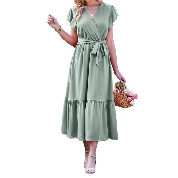 Njagoc3 2025 Summer Waist Cinched A-Line Pleated Hem Chiffon Beach Short Sleeved Long Ruffled Sweetheart Playful Dress for Womens