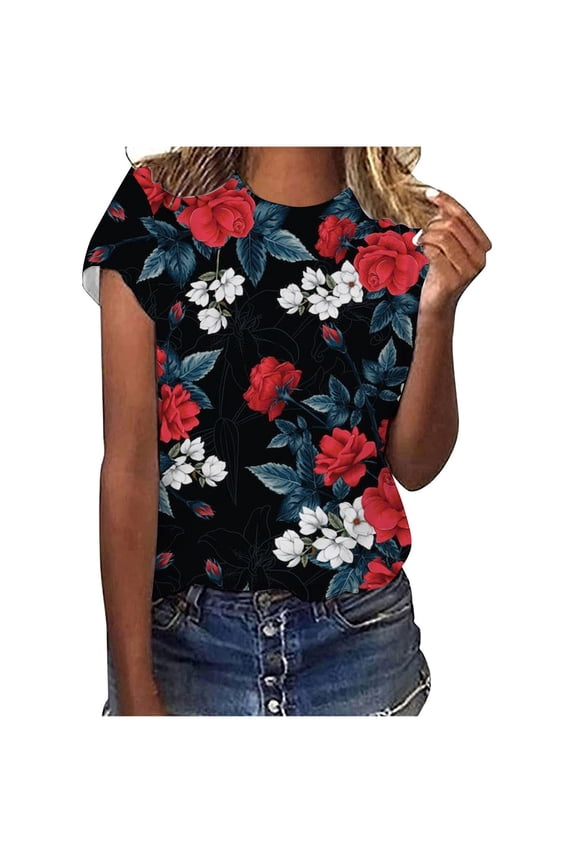2025 Summer Women’s Floral Print Crewneck Short Sleeve Slim Fit Casual Top – Basic Wardrobe Essential for Everyday Style