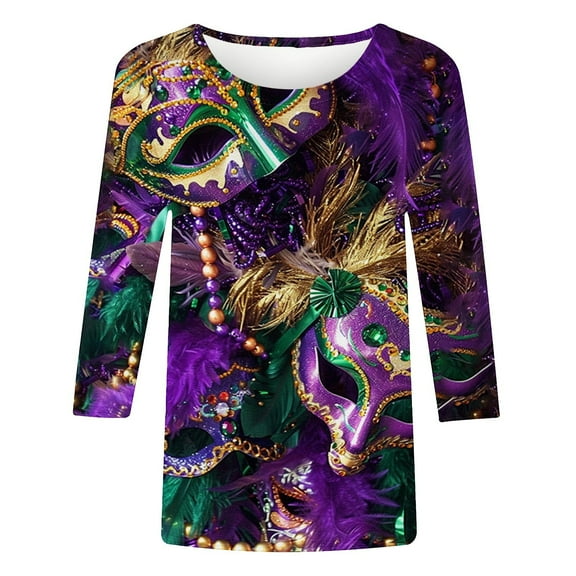 Njagoc3 2025 Womens 3/4 Sleeve Crew Neck Pullover Carnival Print Casual Fashion Tops