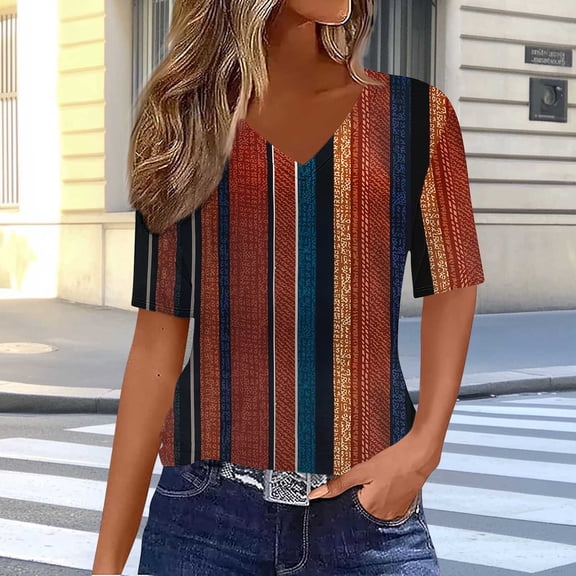 Njagoc3 2025 Womens Brown Artistic Print V-Neck T-Shirt Comfort Fit Summer Tee