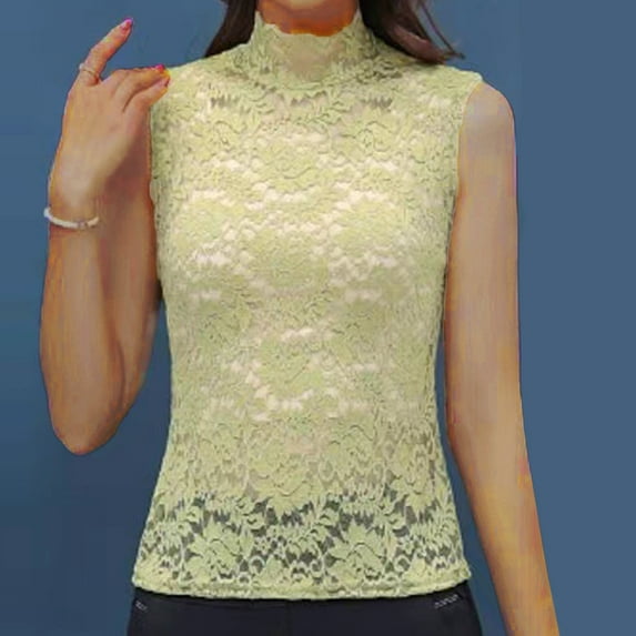 Njagoc3 2025 Womens Fashion Solid Color Sexy Slim Lace High Neck Flared Sleeves Sleeveless Shirts