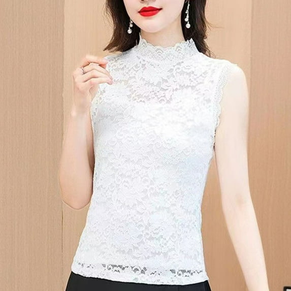 Njagoc3 2025 Womens Fashion Solid Color Sexy Slim Lace High Neck Flared Sleeves Sleeveless Shirts