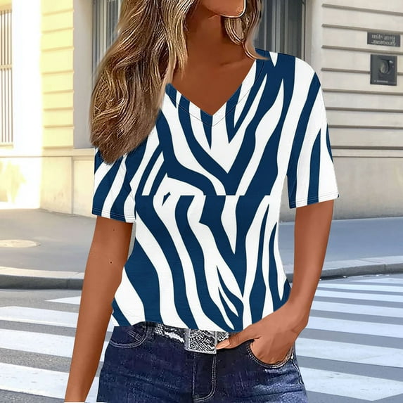 Njagoc3 2025 Womens Navy Blue Printed V-Neck Blouse Trendy Loose Fit Top S, M, L, XL, XXL, XXXL