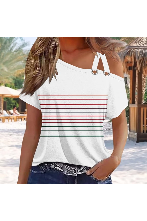 2025 Womens One-Shoulder Sling Short Sleeve Stripe Patchwork Print Loose Fit Trendy Casual Summer Top for Daily & Street Style
