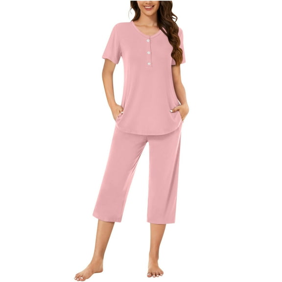 Njagoc3 2PC Womens Solid Color Neck Short Sleeve Two-pieceButton-Front Loungewear Set Comfortable Home Pajamas Set Sports Set V-Neck Pocketed Top with 7/8 Pants or Shorts