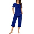 thumbnail image 1 of Njagoc3 2PC Womens Solid Color Neck Short Sleeve Two-pieceButton-Front Loungewear Set Comfortable Home Pajamas Set Sports Set V-Neck Pocketed Top with 7/8 Pants or Shorts, 1 of 6
