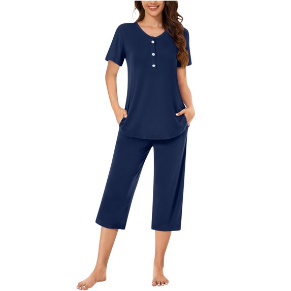 Njagoc3 2PC Womens Solid Color Neck Short Sleeve Two-pieceButton-Front Loungewear Set Comfortable Home Pajamas Set Sports Set V-Neck Pocketed Top with 7/8 Pants or Shorts